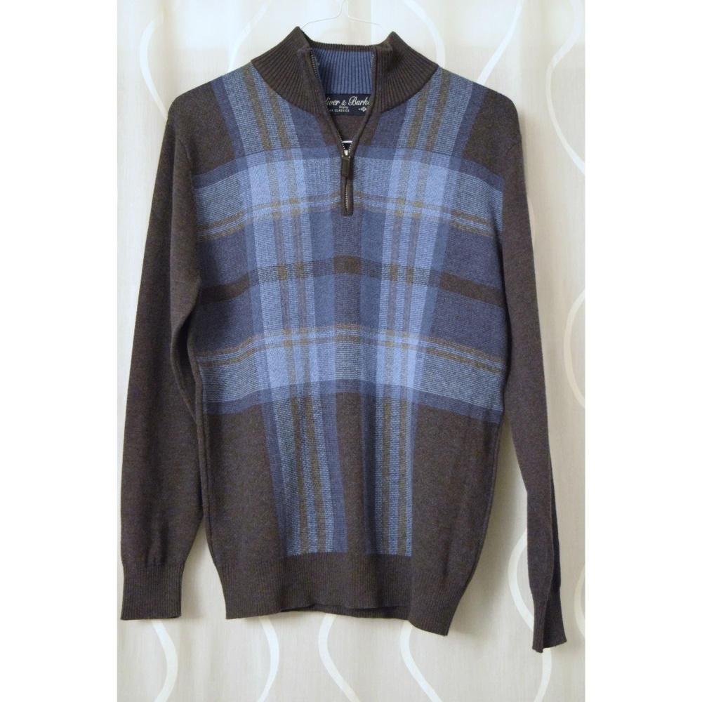 OLIVER & BURKE Grey & Blue Plaid Half Zip Pullover Knit Sweater | Size M